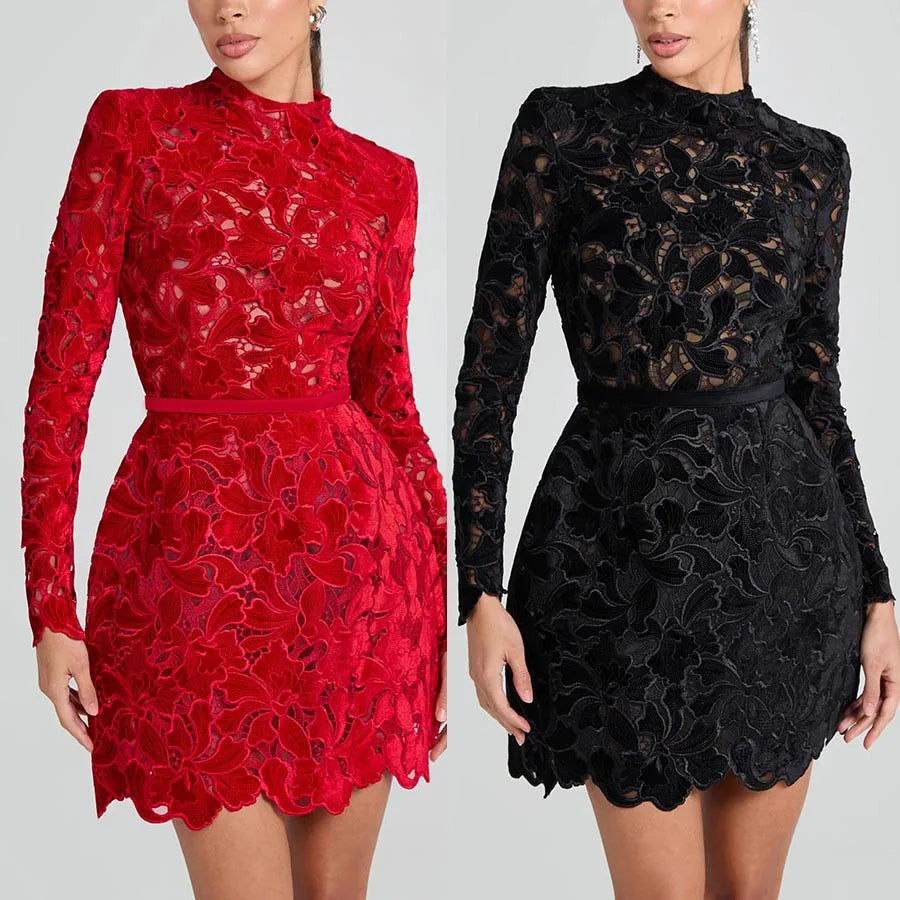 FZ Women's Round Collar Hollow Out Belt Tight Waist Meshed Dress