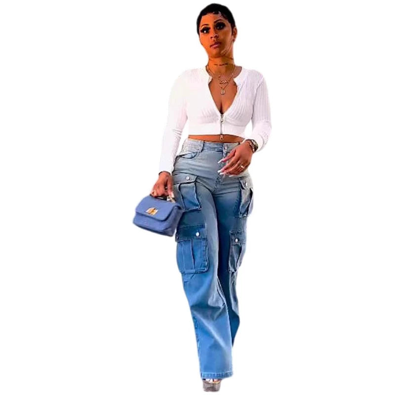 FZ Women's Wide Leg High Waist Straight Streetwear Denim Pants