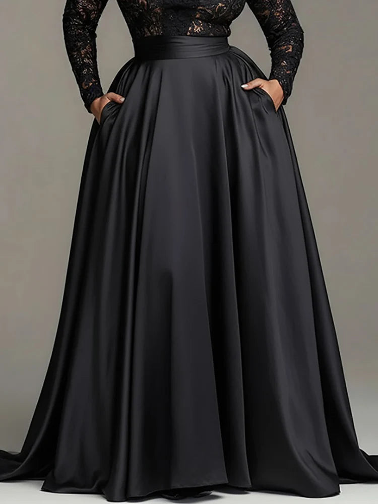FZ Women’s Plus Size Lace Hollow Out Black V-Neck Cocktail Maxi Evening Dress