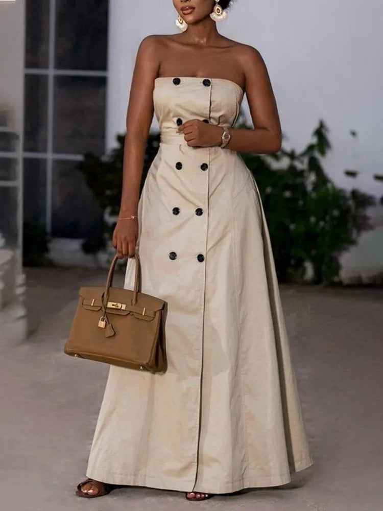 FZ Women's Khaki Strapless Double Breasted High Waist Belted Dress