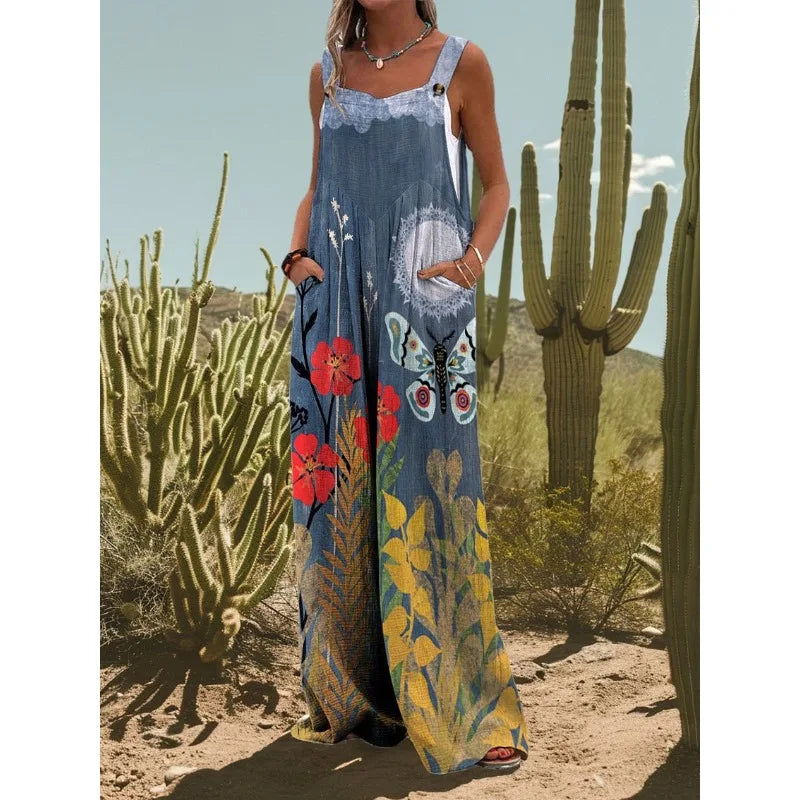 FZ Women's Vintage Flower Daisy Print Casual Strap Wide Leg Jumpsuit - 4 - FZwear