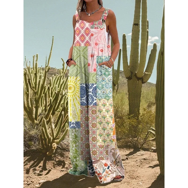 FZ Women's Vintage Flower Daisy Print Casual Strap Wide Leg Jumpsuit - 4 - FZwear