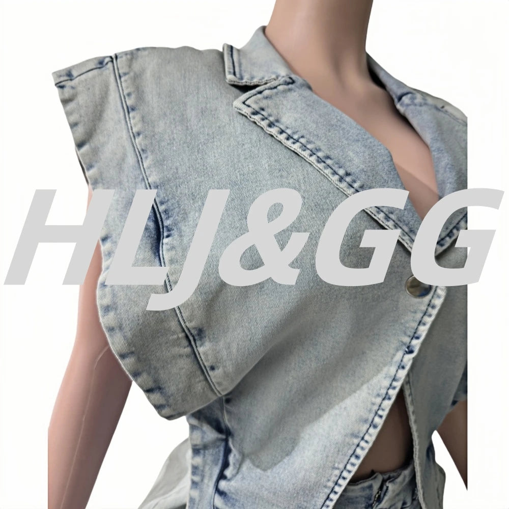 FZ Women's Lapel Sleeveless Hollow Button One Piece Denim Jumpsuit