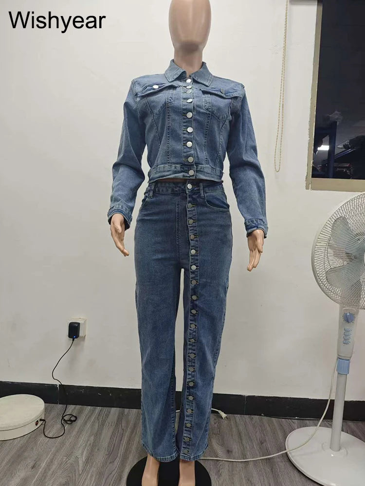 FZ Women's Vintage Single Breasted Button 2 Pieces Denim Pants Suit