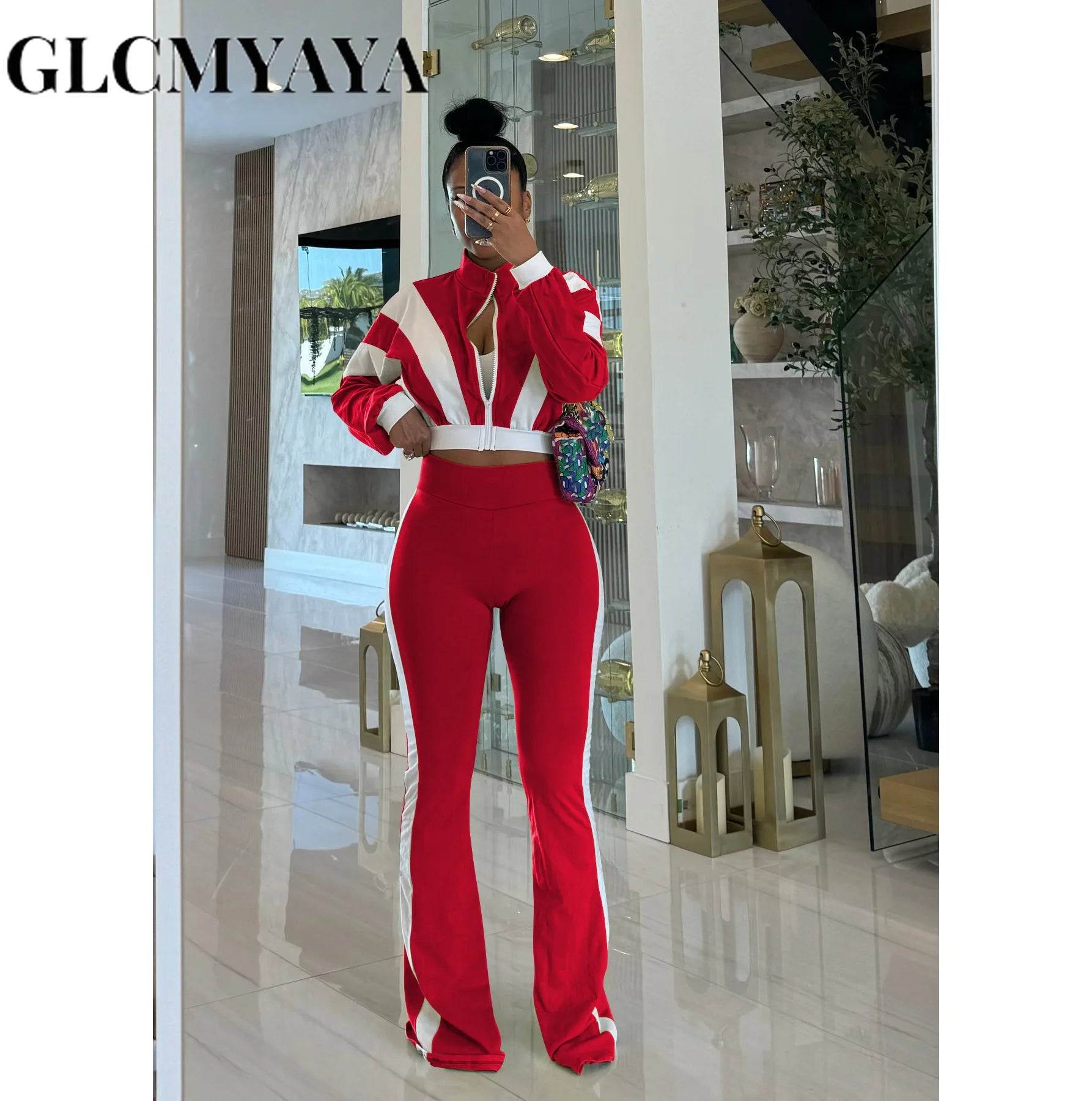 FZ Women's Patchwork Sporty Long Sleeve Wide Leg Pants Suit