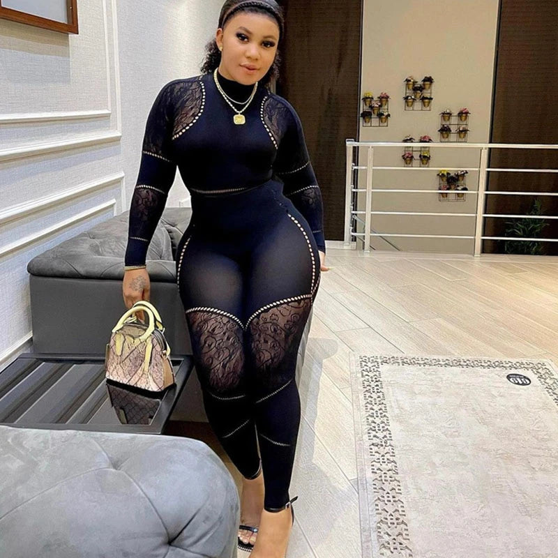FZ Women's See Though Mesh Patchwork Skinny Long Sleeve Jumpsuit