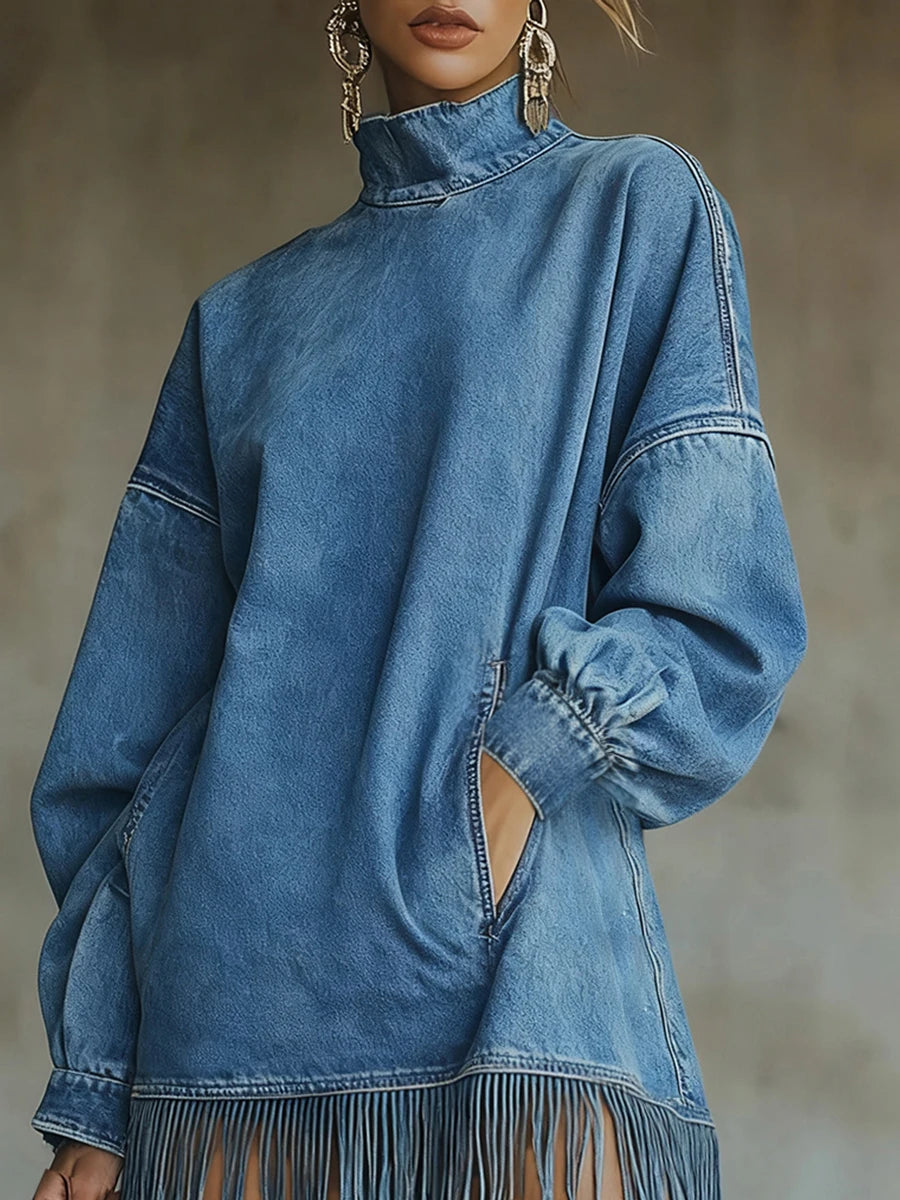 FZ Women's Half High Collar Tassel Hem Loose Sweatshirt Vintage Denim Dress