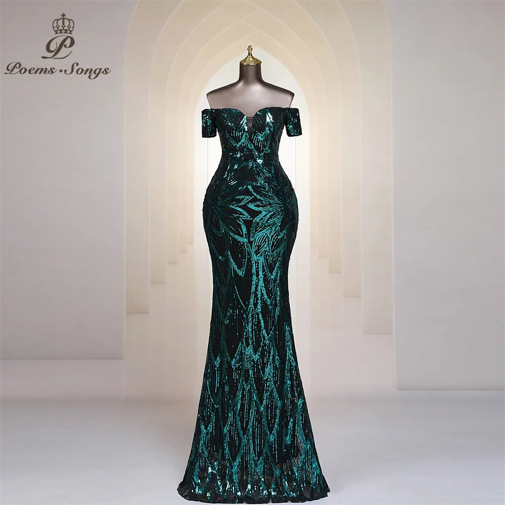 FZ Women's Sequins Off Shoulder Floor Length Mermaid Maxi Evening Dress