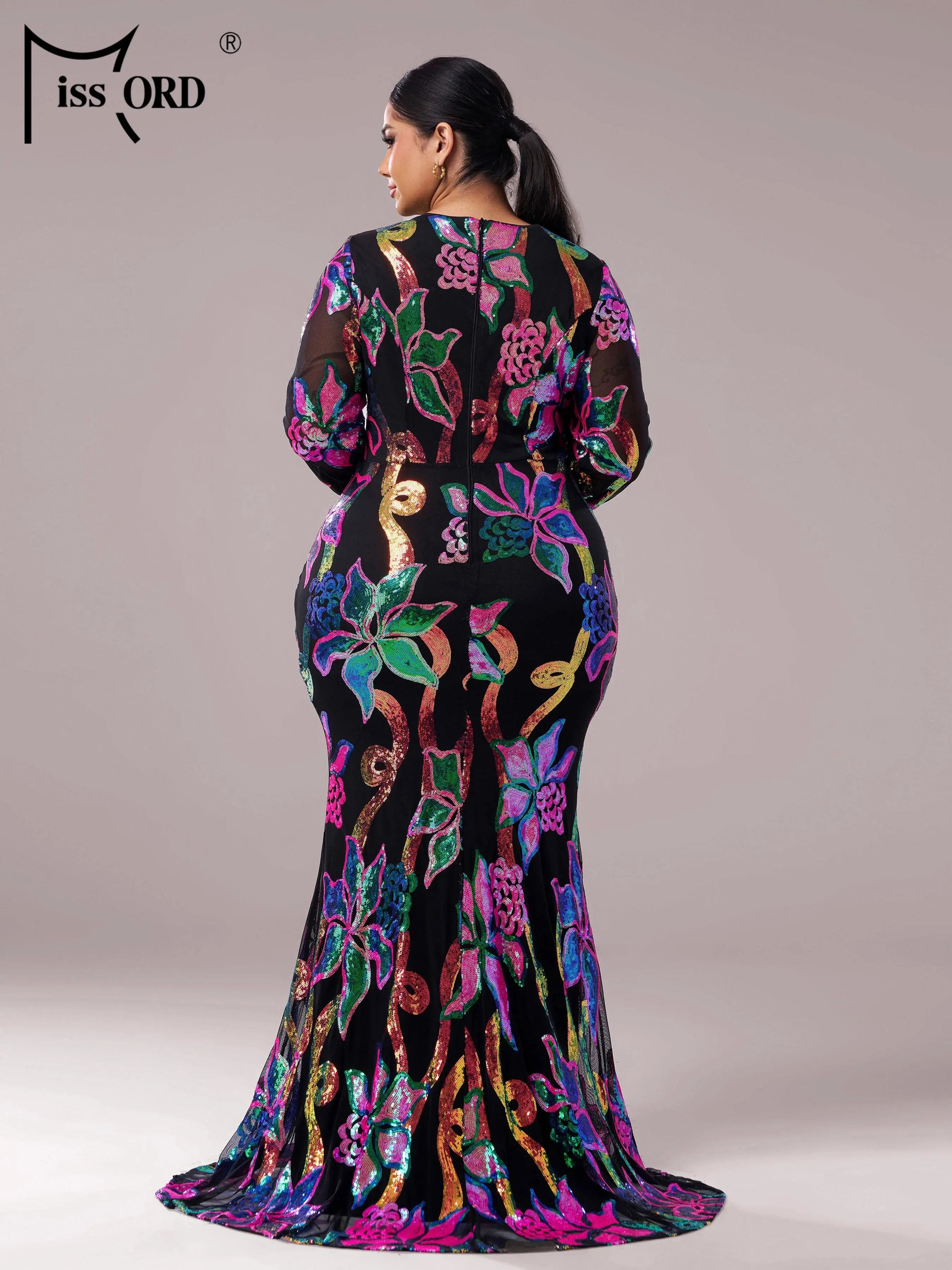 FZ Women's Plus Size Floral Round Neck Long Sleeved Sequin Mermaid Evening Dress