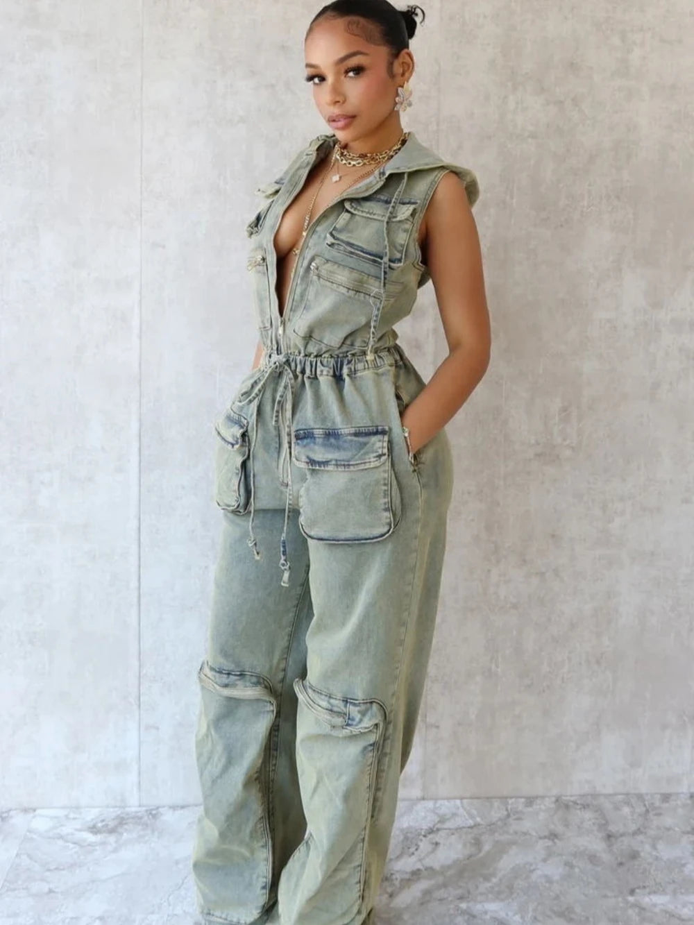 FZ Women's Sleeveless Hooded Loose Denim Jumpsuit DSers