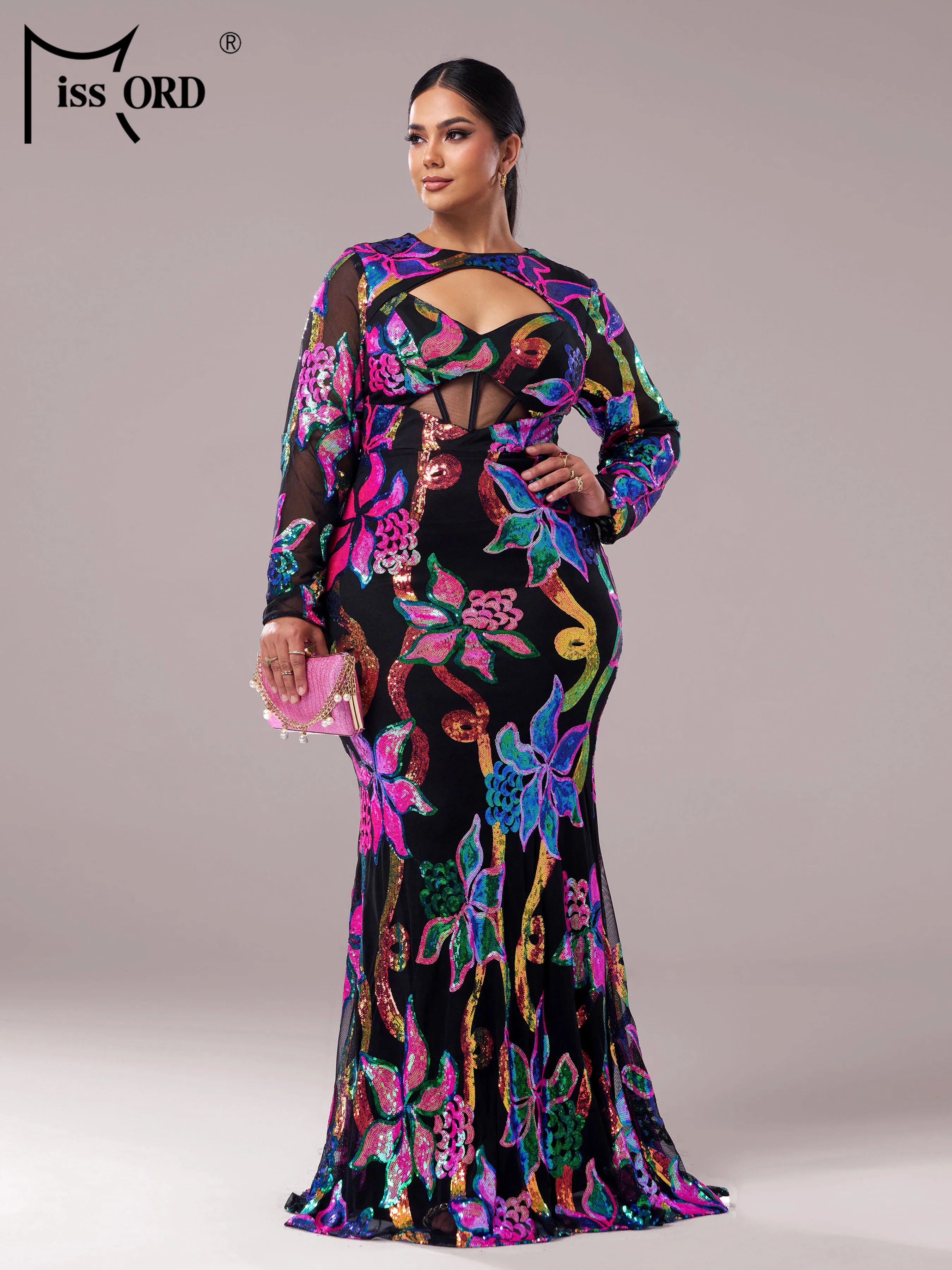 FZ Women's Plus Size Floral Round Neck Long Sleeved Sequin Mermaid Evening Dress