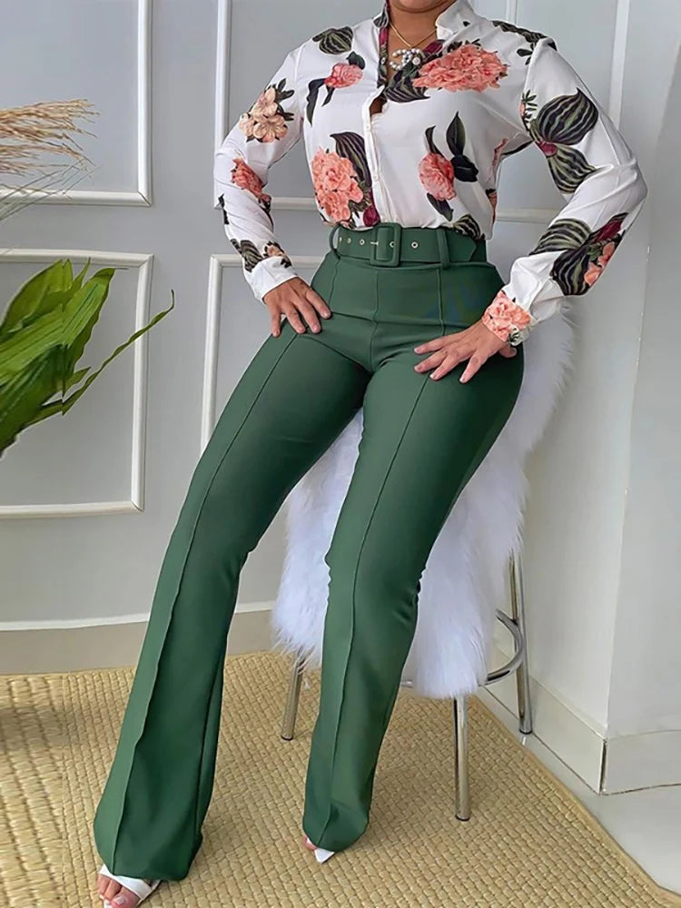 FZ Women's Elegant Wide Leg Retro Printed Slim Fit Office Pants Suit - FZwear