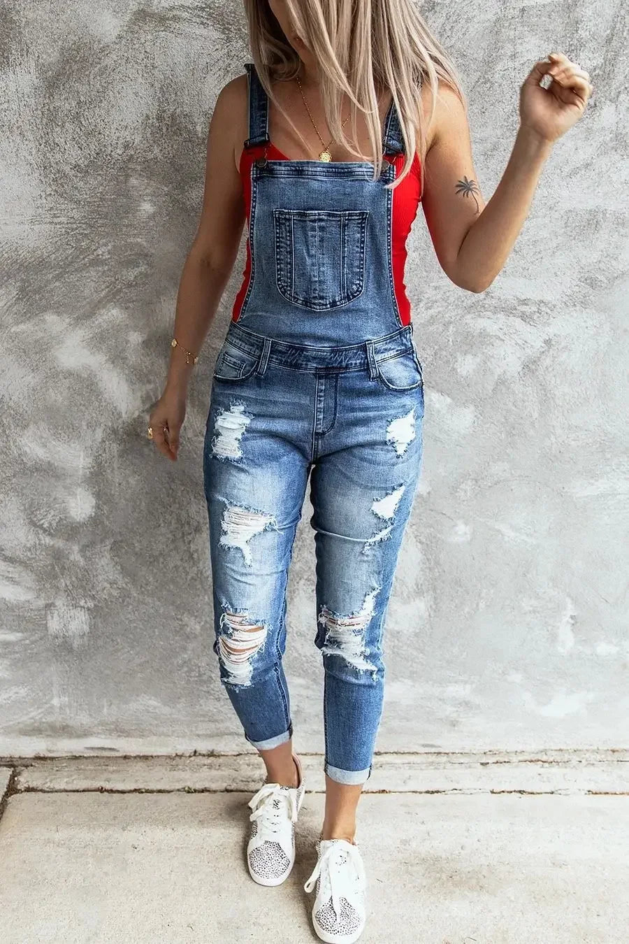 FZ Women's Ripped Elastic One Piece Denim Jumpsuit