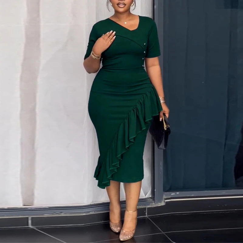 FZ Women's Asymmetrical Neck Short Sleeves Ruffles Cocktail Midi Dress