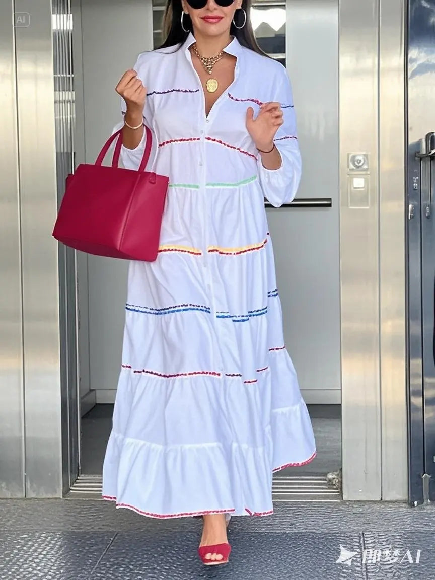 FZ Women's Evening Button Mock Neck Puff Sleeves A-line Maxi Dress