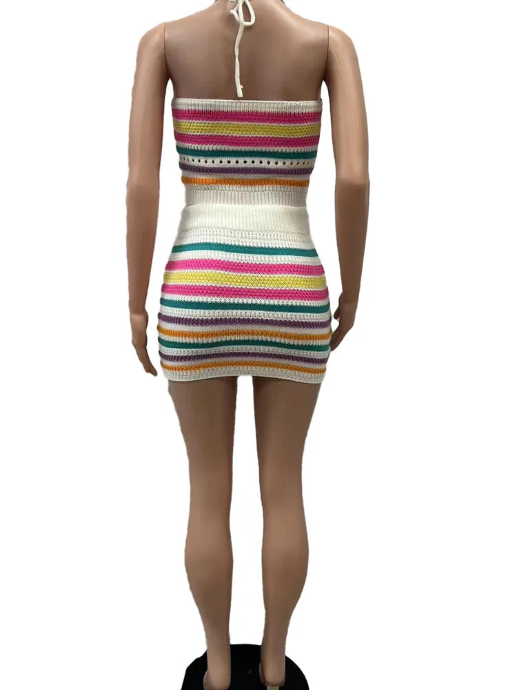 FZ Women's Striped Knitting Halter Lace-Up Two Piece Skirt Suit