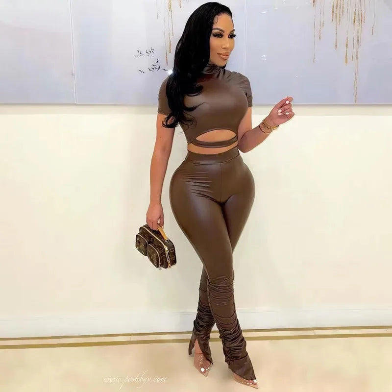 FZ Women's Solid Bandage Sexy Slim PU Leather Two Piece Pants Suit - FZwear