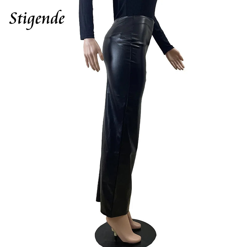 FZ Women's Sexy Pu Leather High Split Black Slim Fit Maxi Skirt DSers