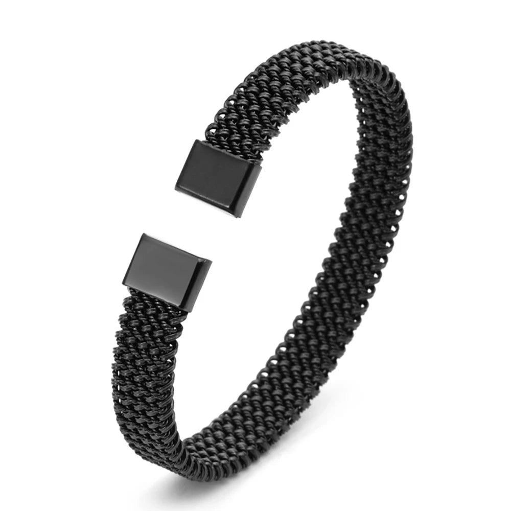 FZ 8MM Woven Flat Mesh C-Shaped Open Vintage Stainless Steel Bracelet