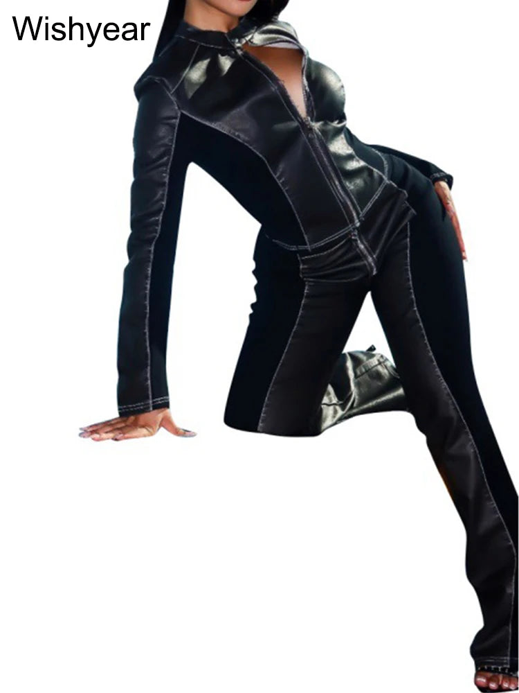 FZ Women's Street moto bike stretch PU Leather flared 2 Pieces Pants Suit