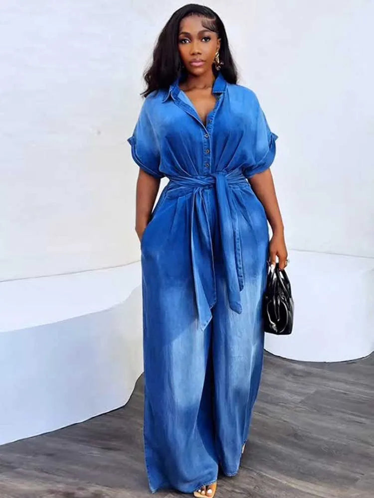 FZ Women's Soft Fabric One Piece High Waist Wide Denim Jumpsuit