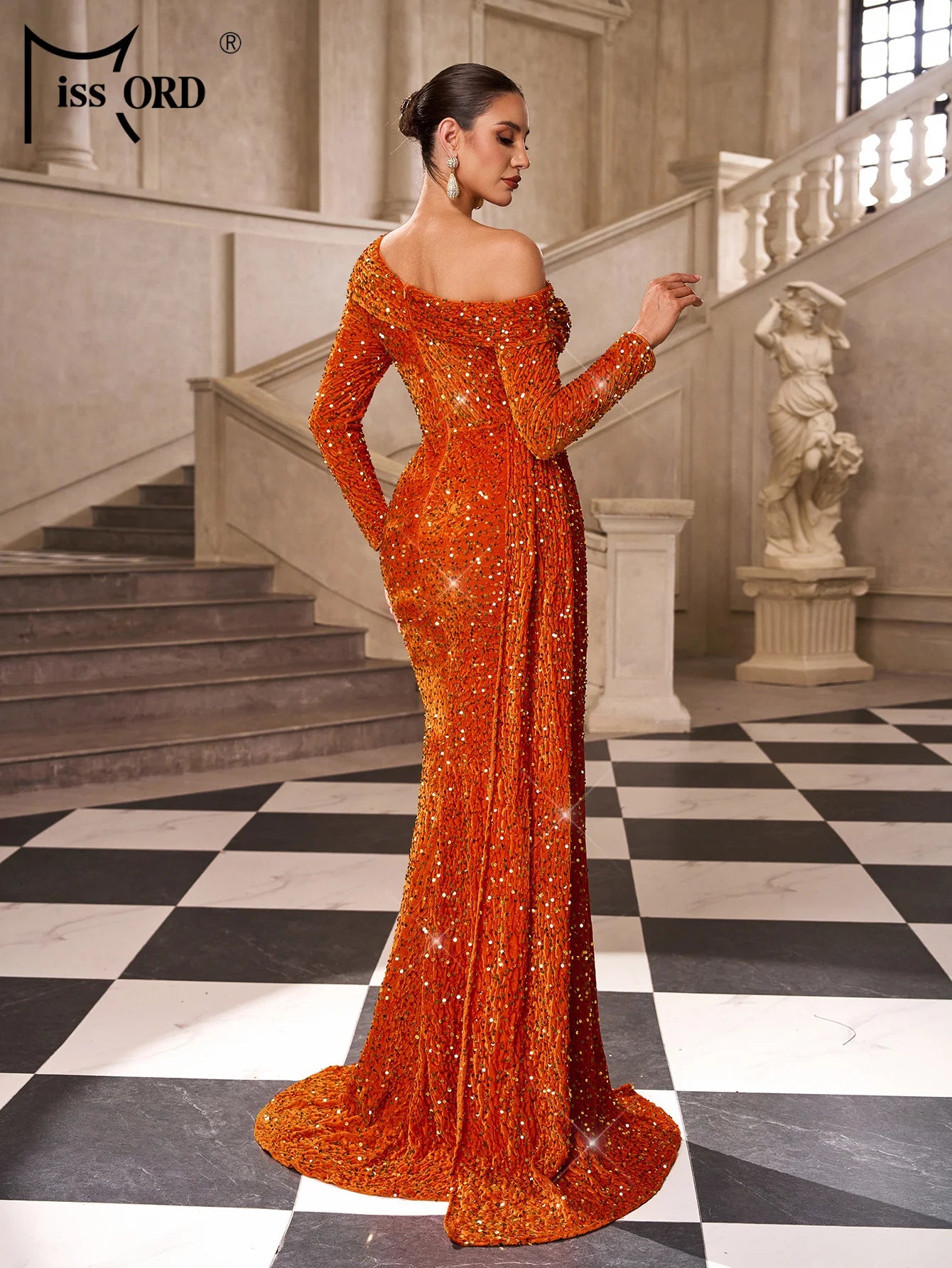 FZ Women's Asymmetric Long Sleeved Sequin Split Evening Dress