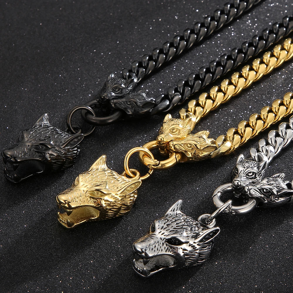 FZ Wolf Head 316L Stainless Steel Cuban Link Pendant Necklace