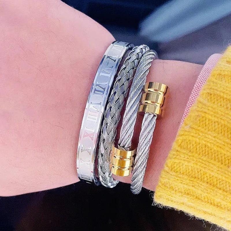 3pcs Luxury Stainless Steel Man Bracelet Set Roman Number Bangles Women Jewelry Couple Gift FZwear