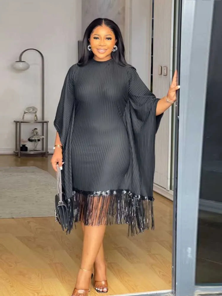 FZ Women's Tassel Sequin Stretchy Batwing Sleeves French Style Knitted Dress