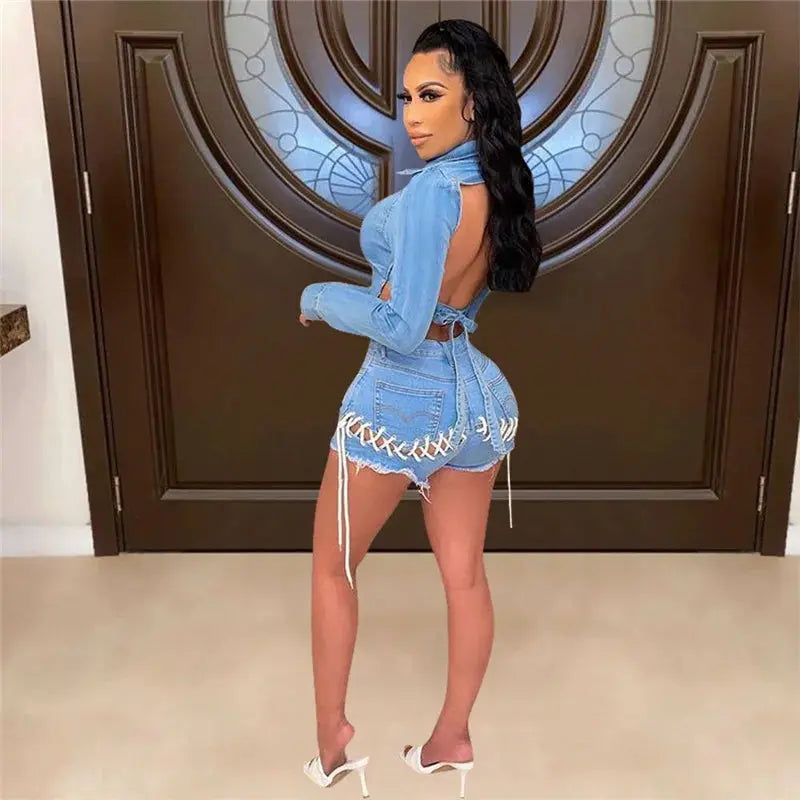 Sexy Denim Two Piece Short Set for Women Irregular Backless Jacket Top and Lace-up Shorts Sets Club Wear Party Jeans Outfits FZwear