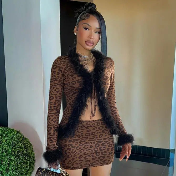 Sexy Furry Stitching Tied Cardigan Long Sleeved Top Leopard Print Skirt Set Two Piece Set LingSharp