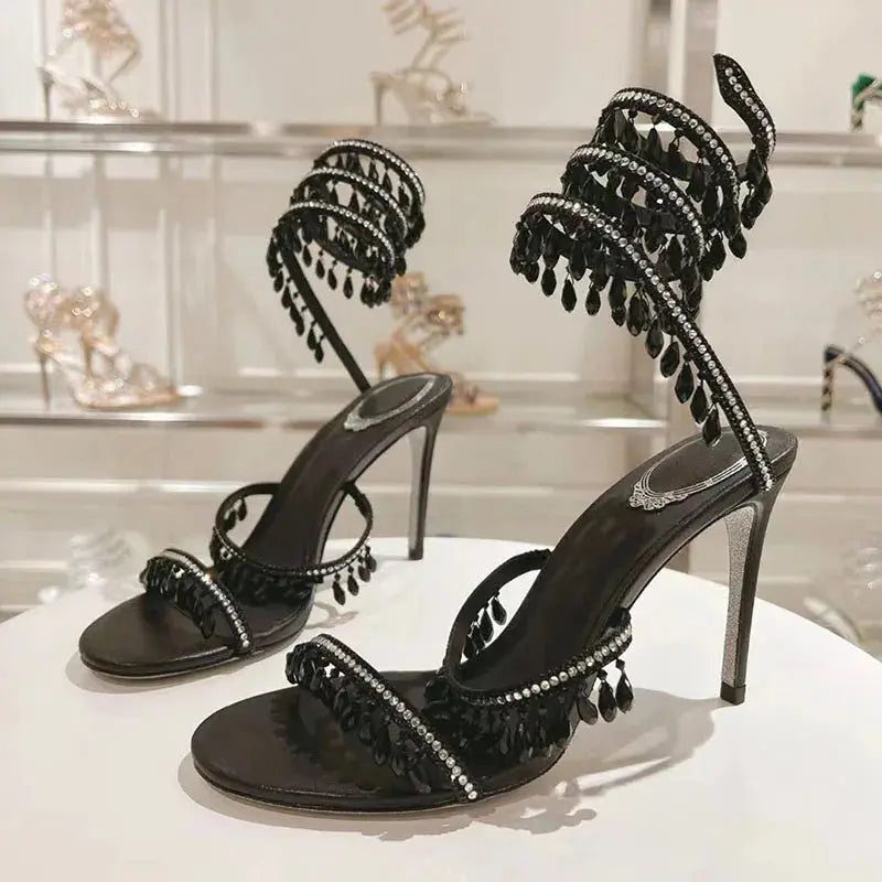 Sexy High Heels Sandals Woman Crystal Pendant Snake Twine Around Twine Ankle Strap Party Shoes Summer Gladiator Sandals Women FZwear