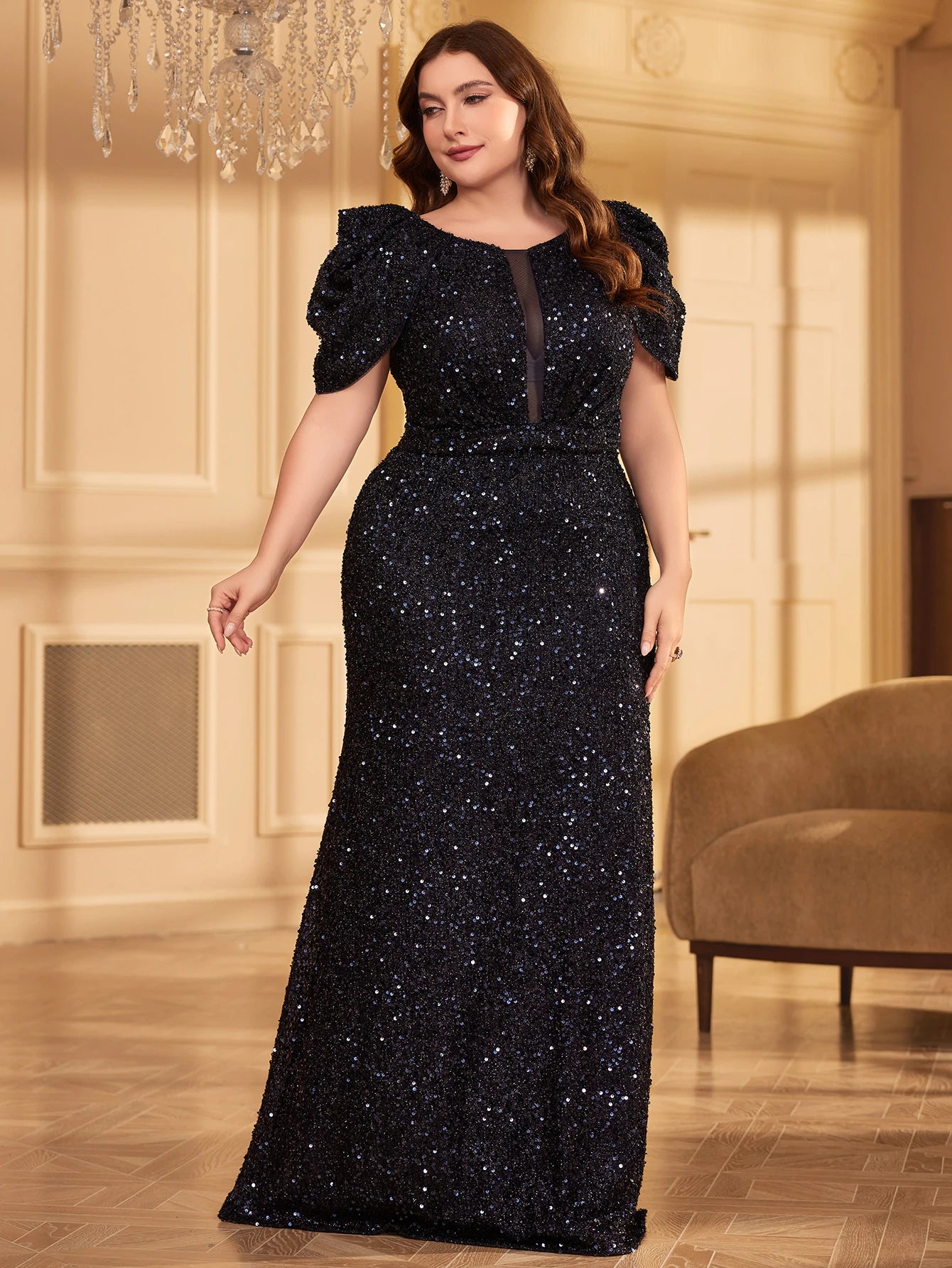 FZ Women's Plus Size V-Neck Short Sleeve Glitter Evening Dress