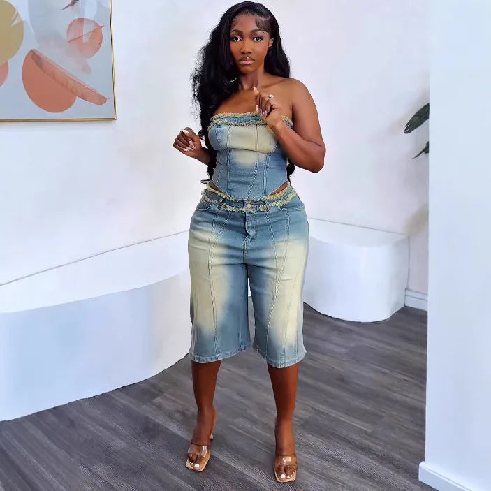 FZ Women's Fringed Strapless High-waisted Denim Shorts Suit