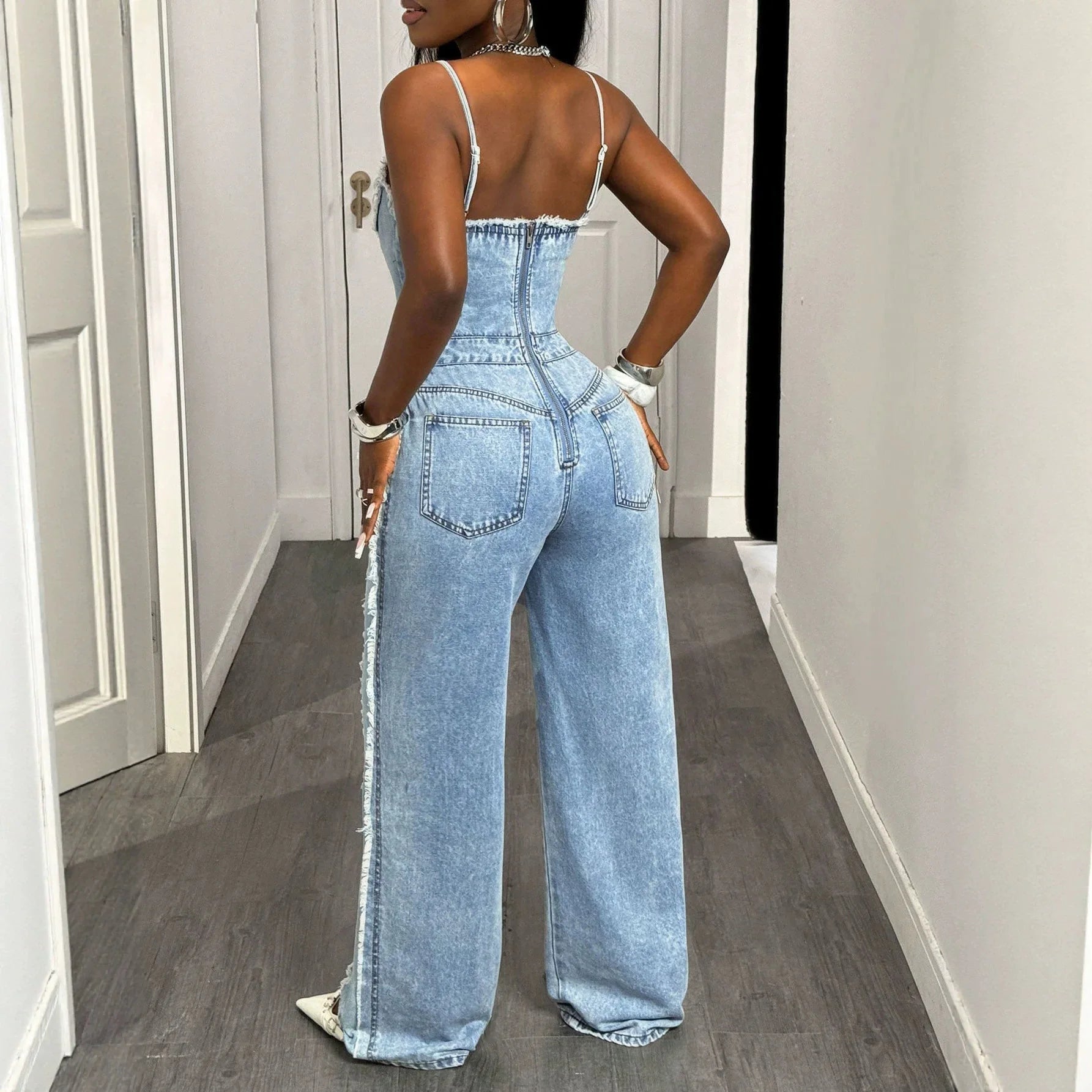 FZ Women's One Piece Strapless Sleeveless Tight Waist Streetwear Denim Jumpsuit