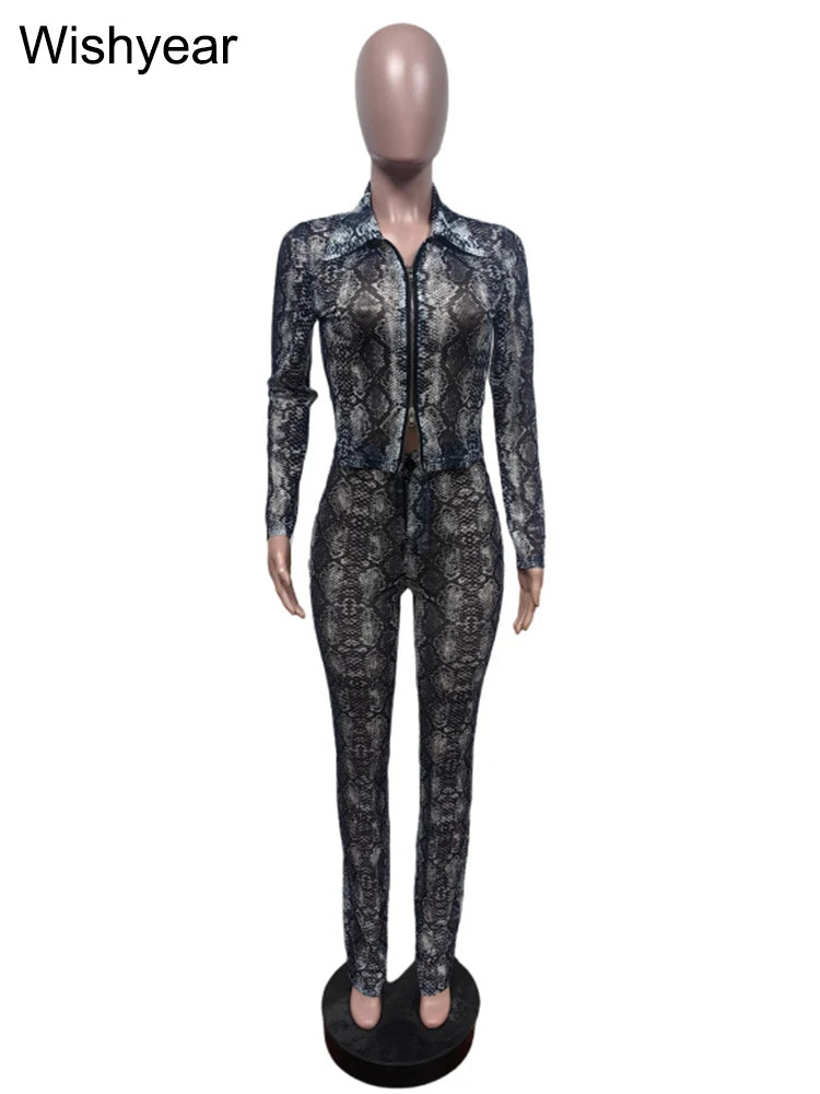 FZ Women's Snake Pattern Full Sleeve Skinny Two Piece Pants Suit