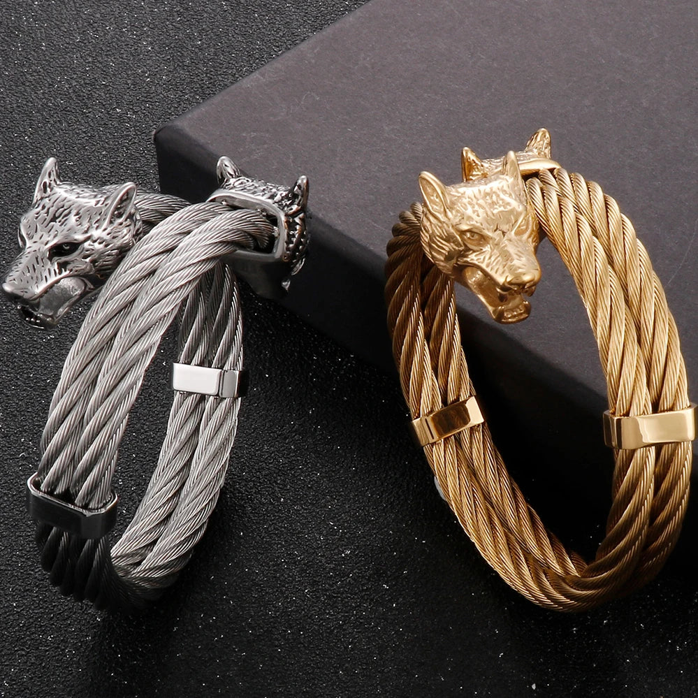 FZ Retro Elastic Wolf Head Open Cuff Twist Chain Stainless Steel Bracelet - FZwear