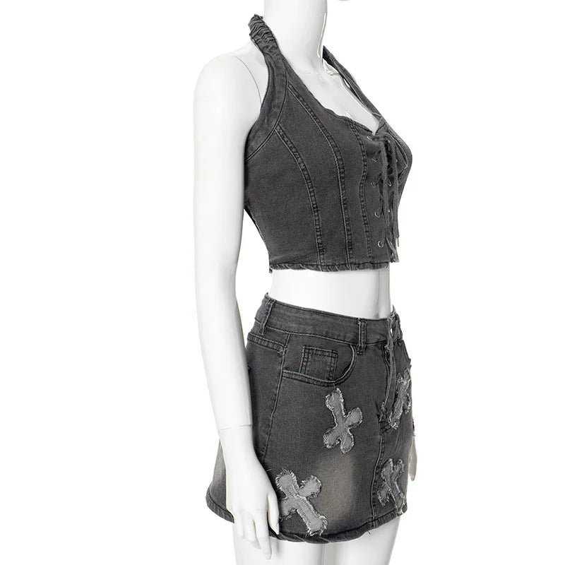 FZ Women's Tassel Cross Embroidery Two Piece Grommet Lace Mini Skirts Suit - FZwear