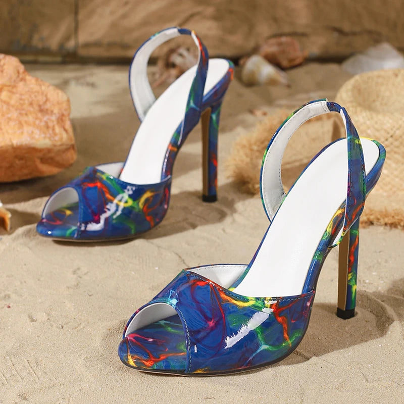 FZ Women's Graffiti Color High Heels Slip On Back Strap Sandals Shoes