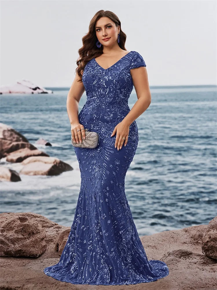 FZ Women's Plus Size V-neck Sequins Floor Length Evening Dress