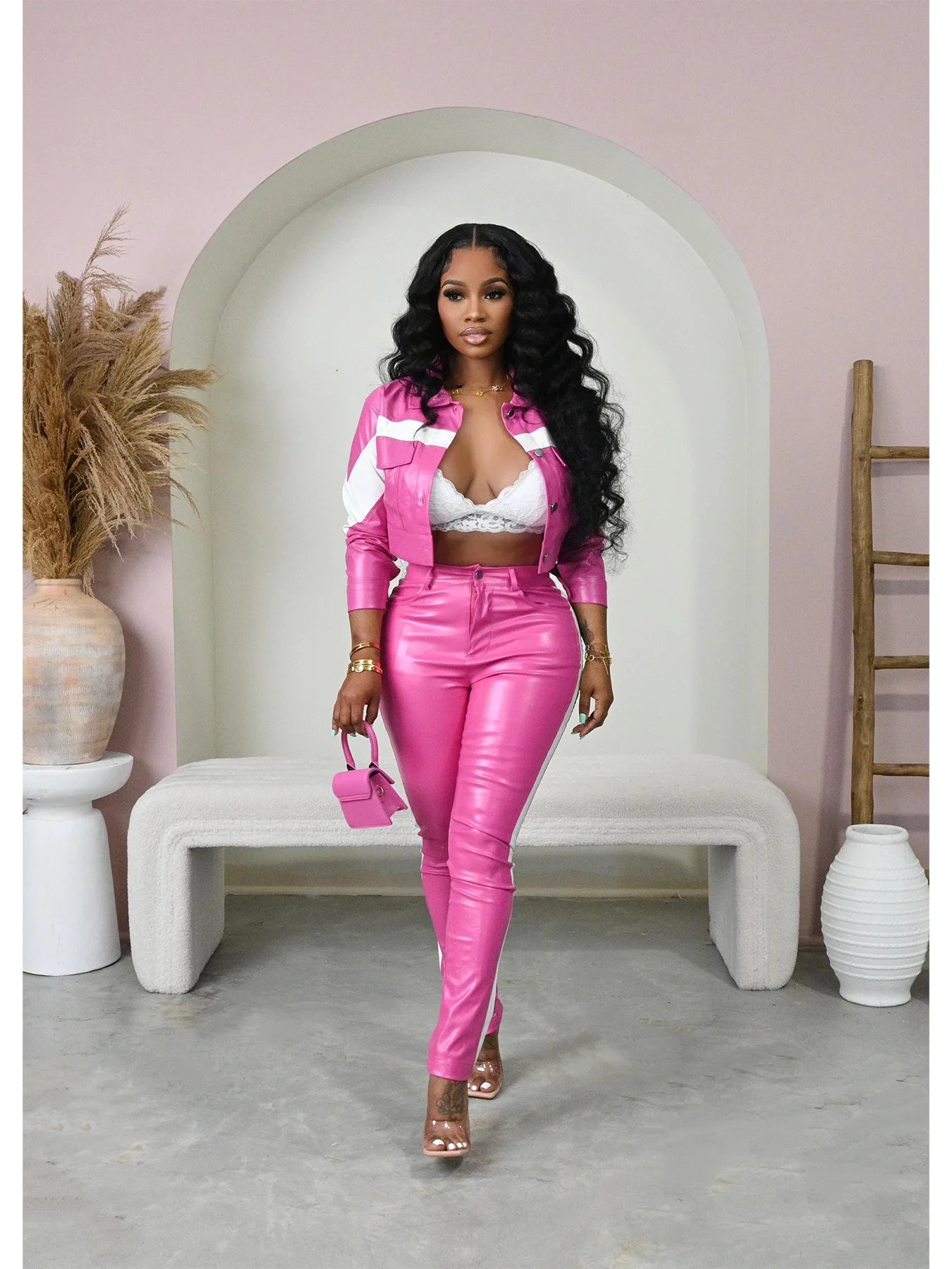 FZ Women's Faux Leather Moto Biker Pencil Two 2 Piece Pants Suit DSers