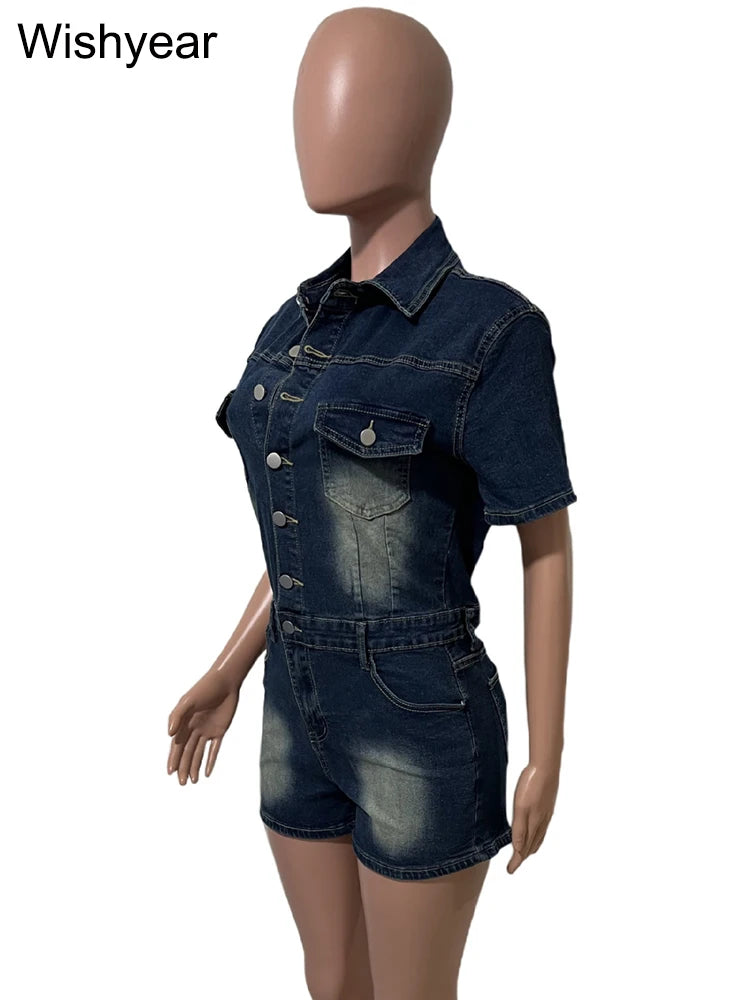 FZ Women's Short Sleeve Buttons One Piece Streetwear Shorts Denim Jumpsuit