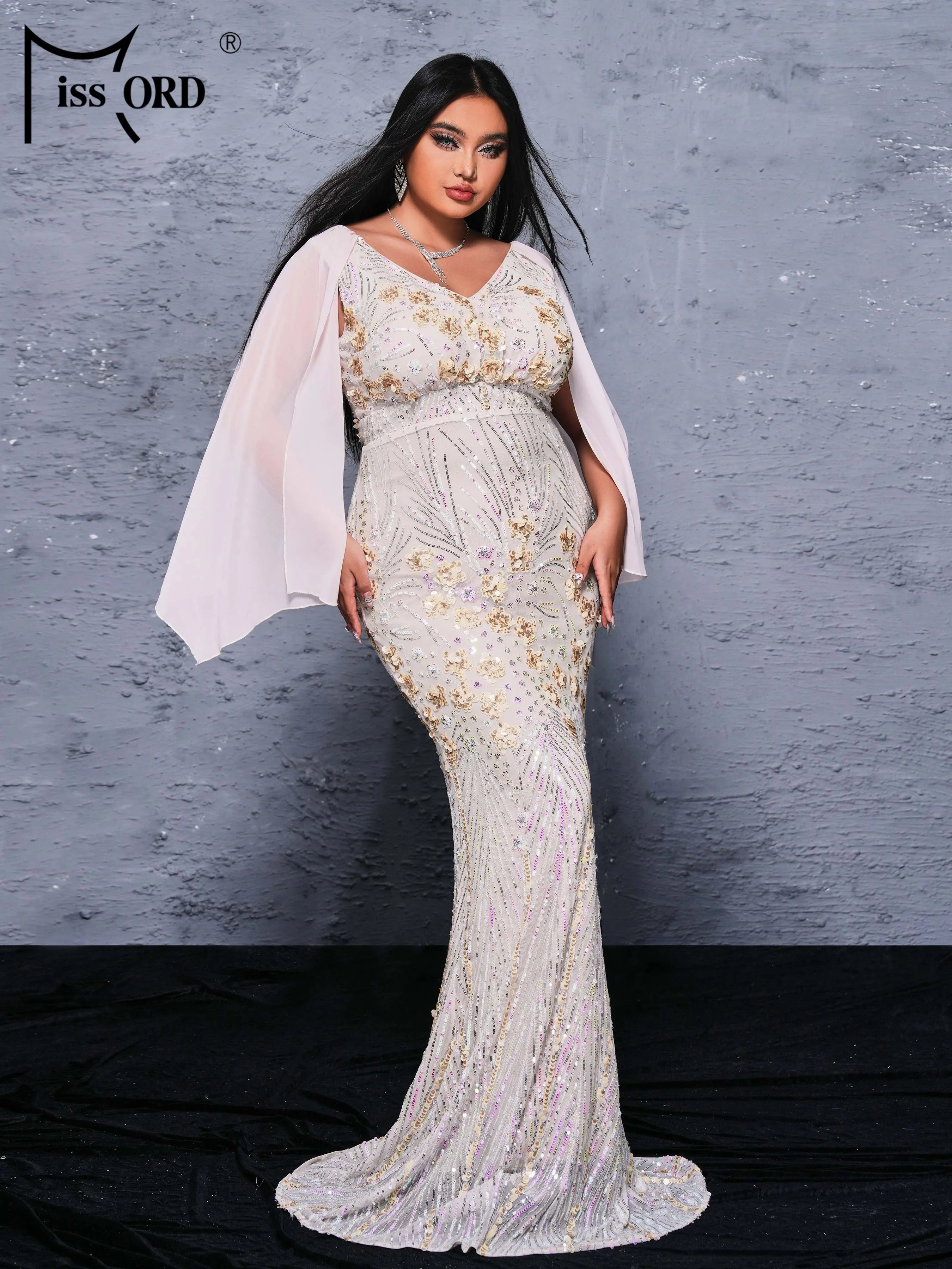 FZ Women's Plus Size V Neck Sequin Mermaid Floor Length Evening Dress