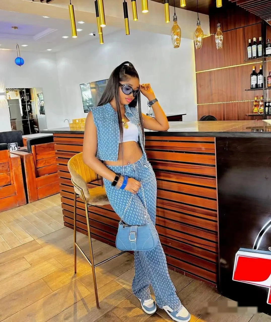 FZ Women's African Ripped Three-piece Wide Leg Slit Denim Pants Suit