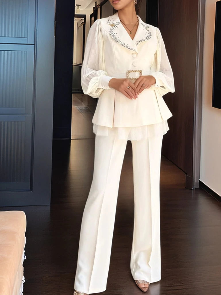 FZ Women's White Diamond Long Sleeve Blazer Pants Suit