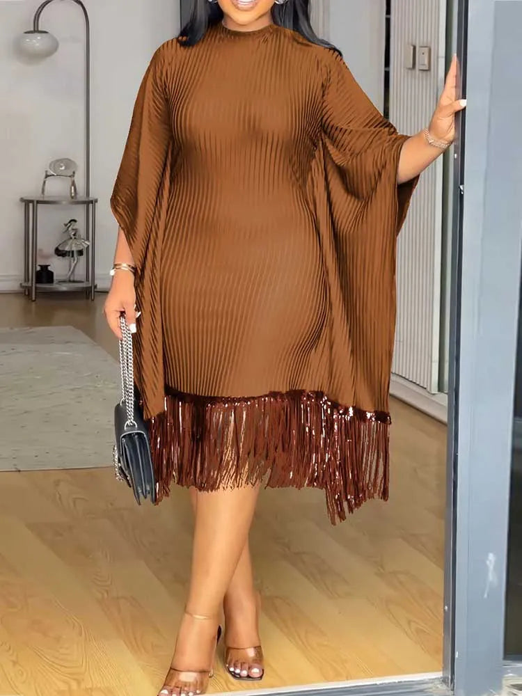 FZ Women's Tassel Sequin Stretchy Batwing Sleeves French Style Knitted Dress