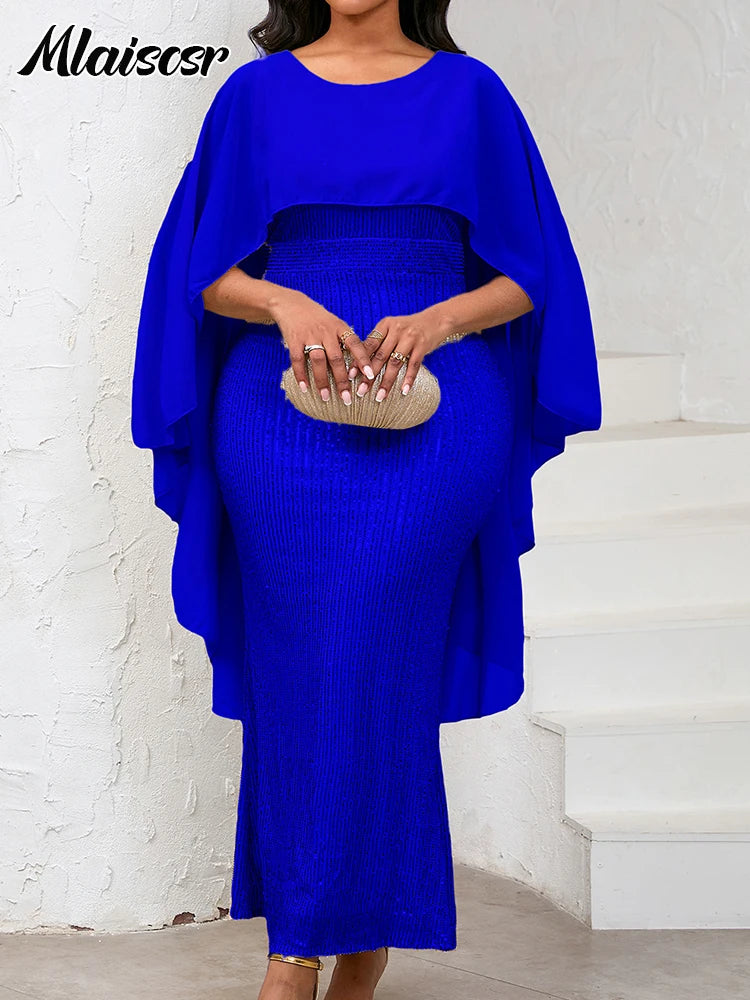 FZ Women's Sequin Chiffon Cloak Maxi Long Evening Dress