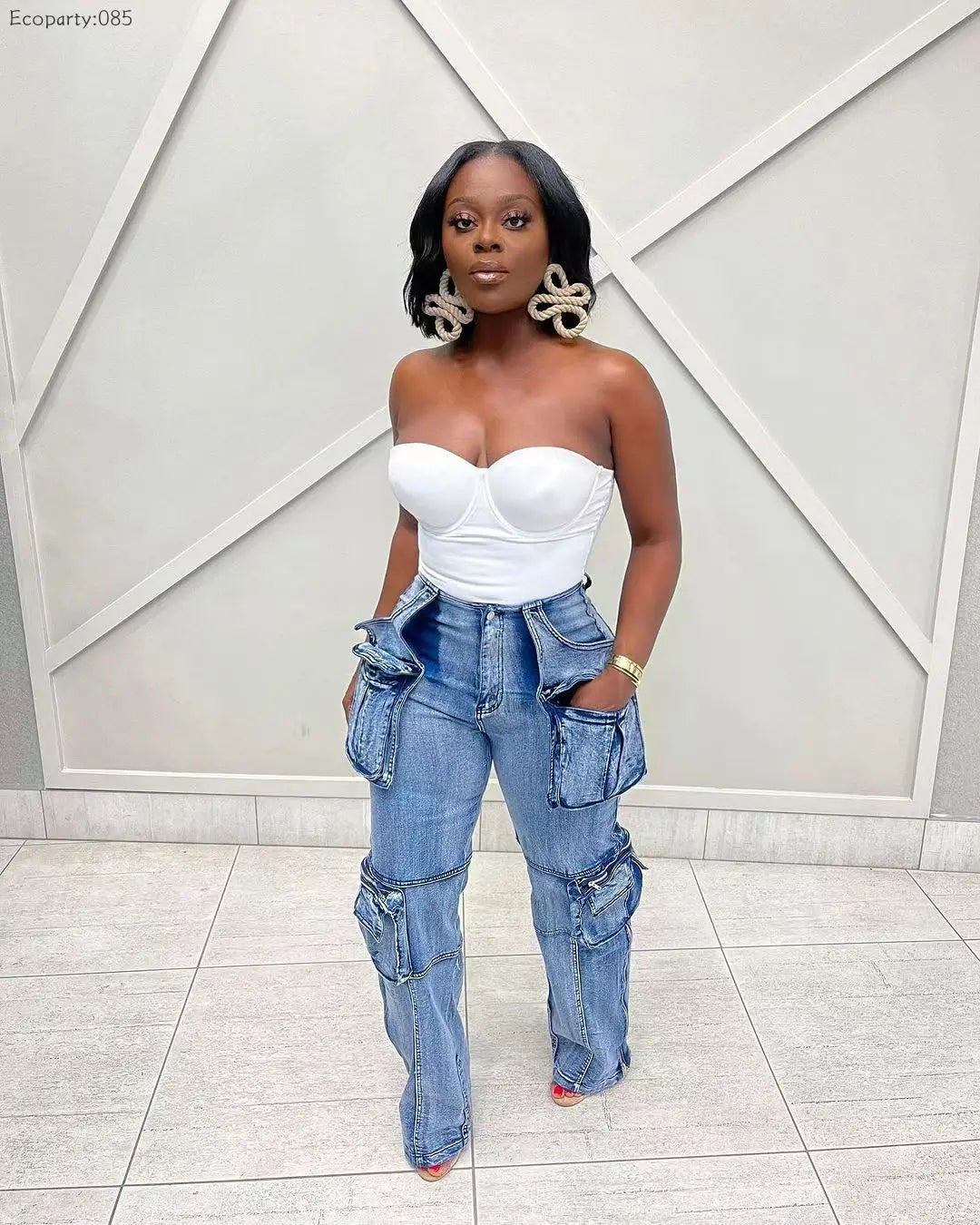 FZ Women's Vintage Washed Distressed Spliced High Waist Denim Pants