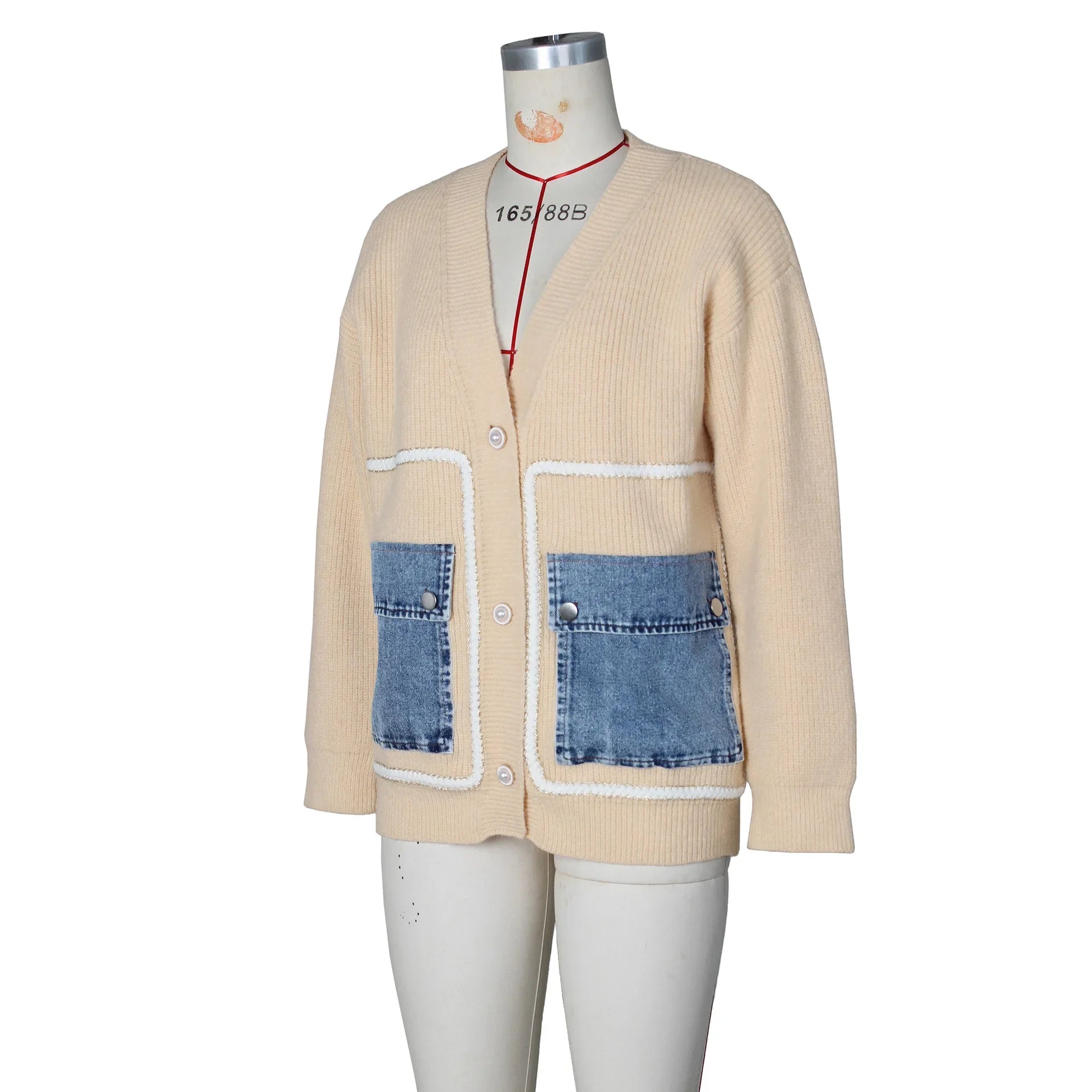 FZ Women's Patchwork Pearl Button Loose Knitted Streetwear Sweater Top