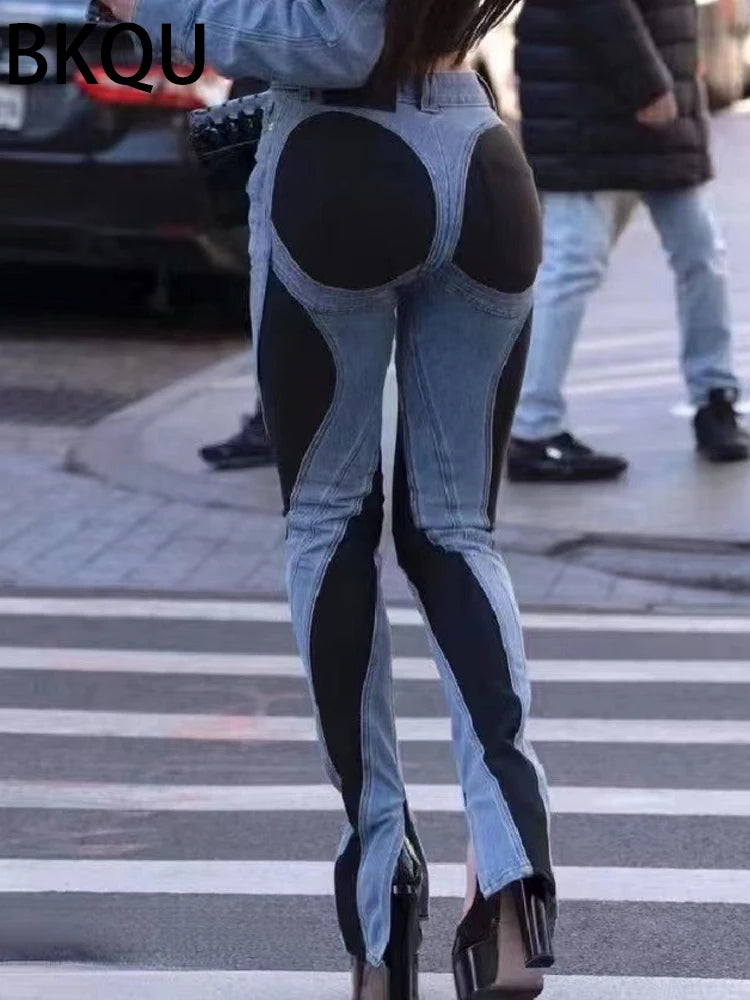 FZ Women's Skinny Pencil High Waisted Contract Color Patchwork Denim Long Pants Suit - FZwear